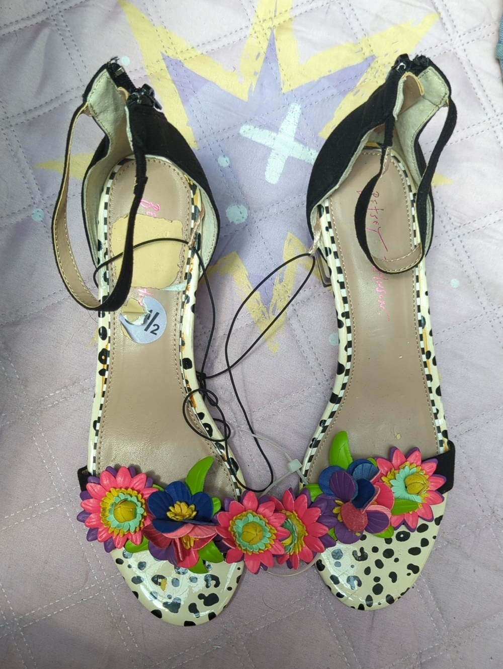Women's Black Floral Ankle-Strap Block Heel with Multi-Color FlowerEmbellishment